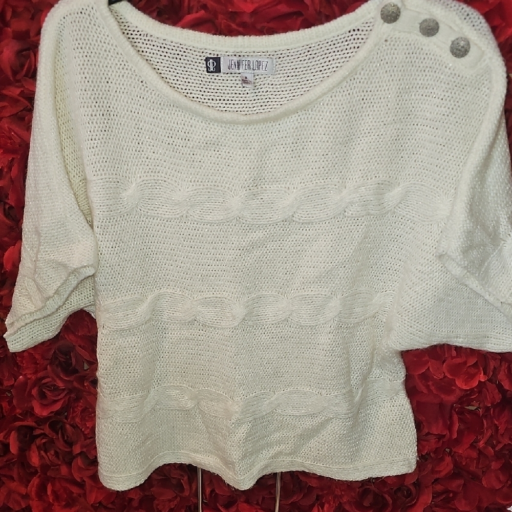 Jennifer Lopez Ivory Knit Crop Sweater with Shoulder Buttons Size Medium